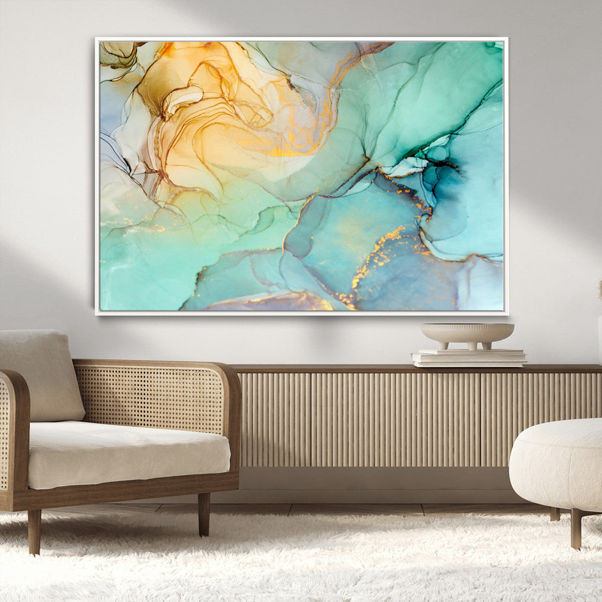 Abstract Aqua and Gold Fluid Wall Art Canvas | 3 Panel Large Canvas Print