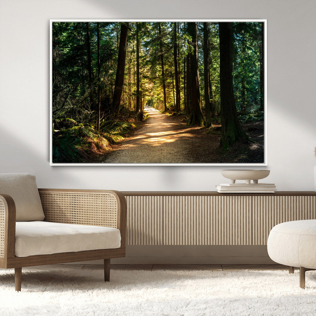 Sunlit Forest Pathway Canvas Print | 3 Panel Large Nature Wall Art