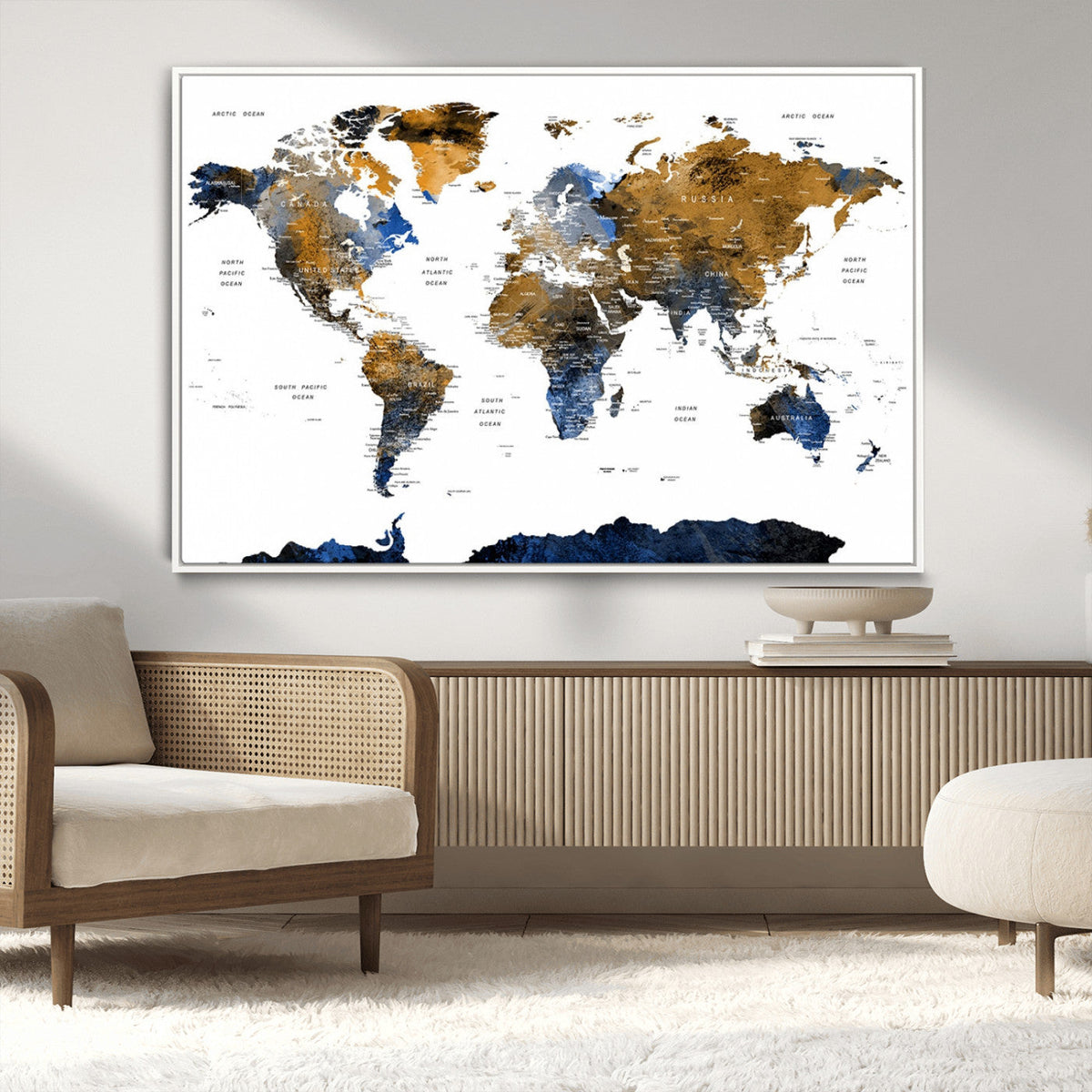 Modern Abstract World Map Canvas Wall Art | Framed Blue and Gold Map Print