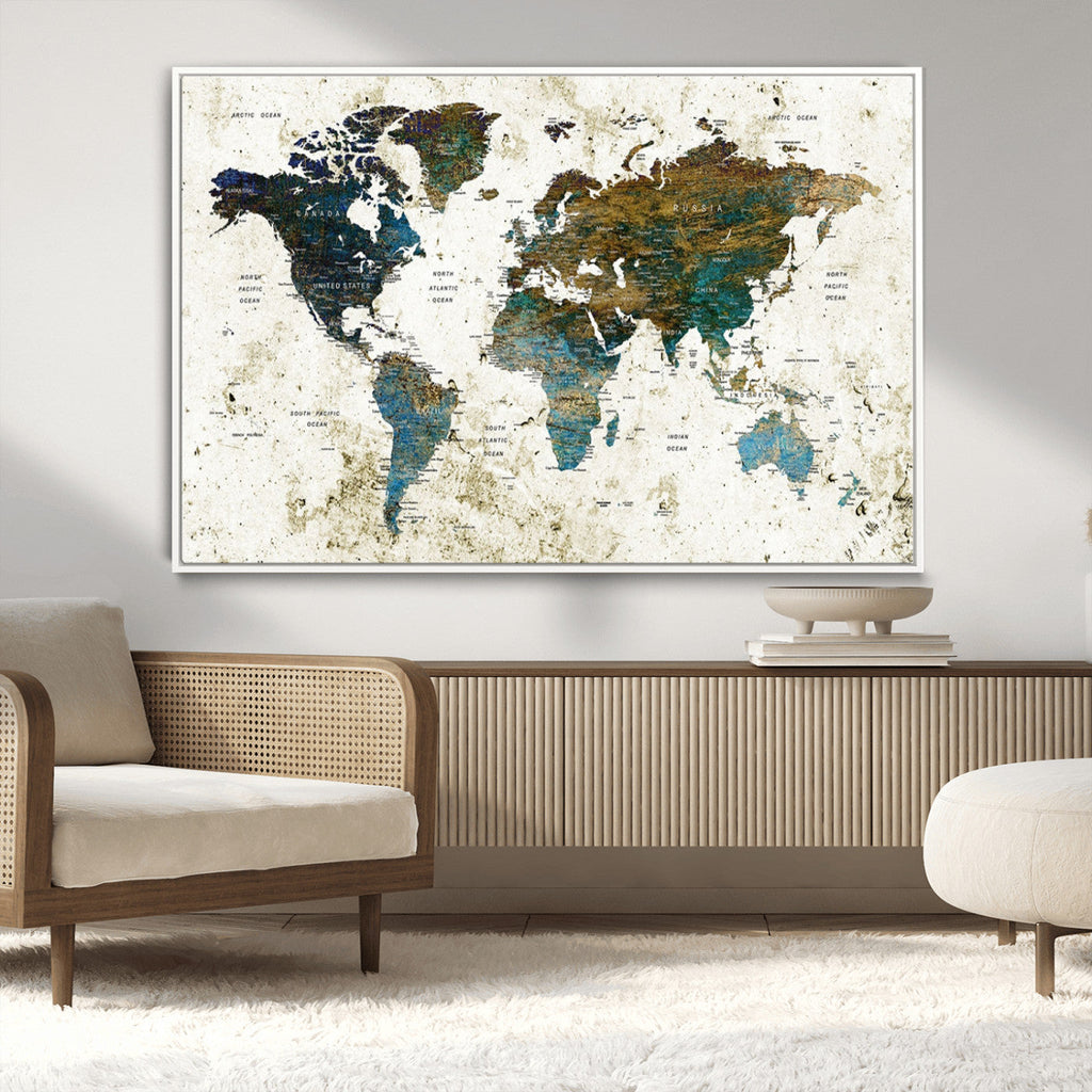 Vintage World Map Wall Art Canvas Print, Framed Rustic Earth Tone Map