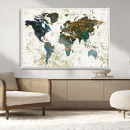 Vintage World Map Wall Art Canvas Print, Framed Rustic Earth Tone Map