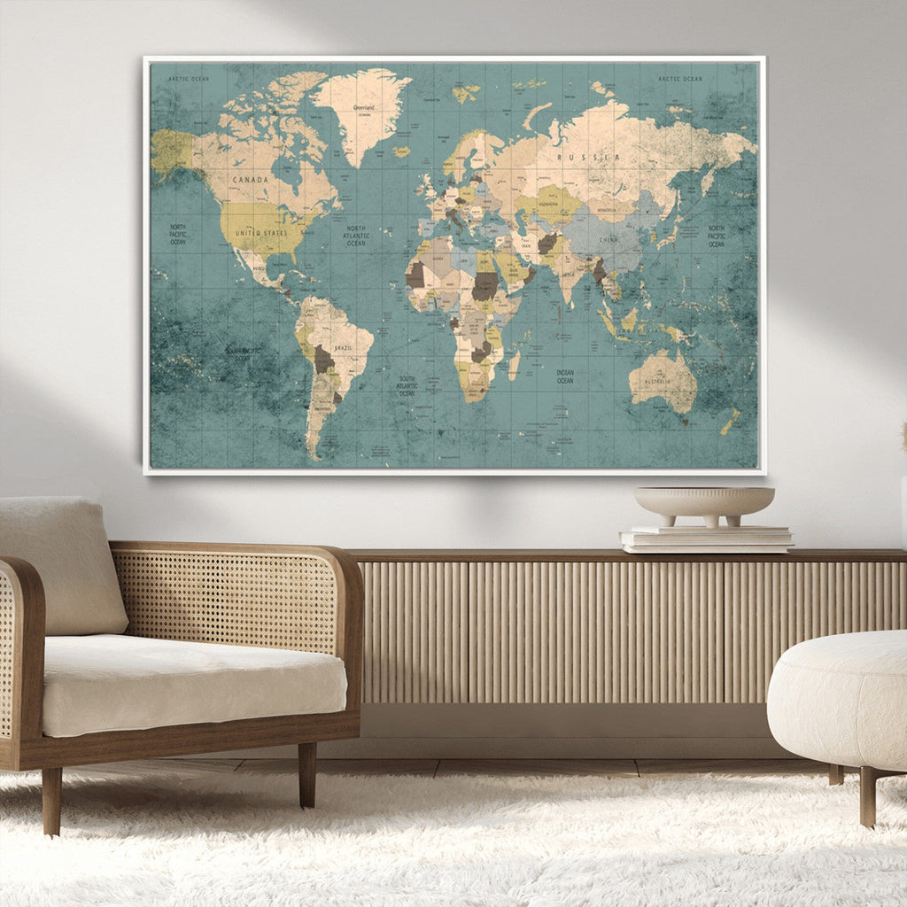 Classic World Map Canvas Print | Framed Vintage Map Wall Art