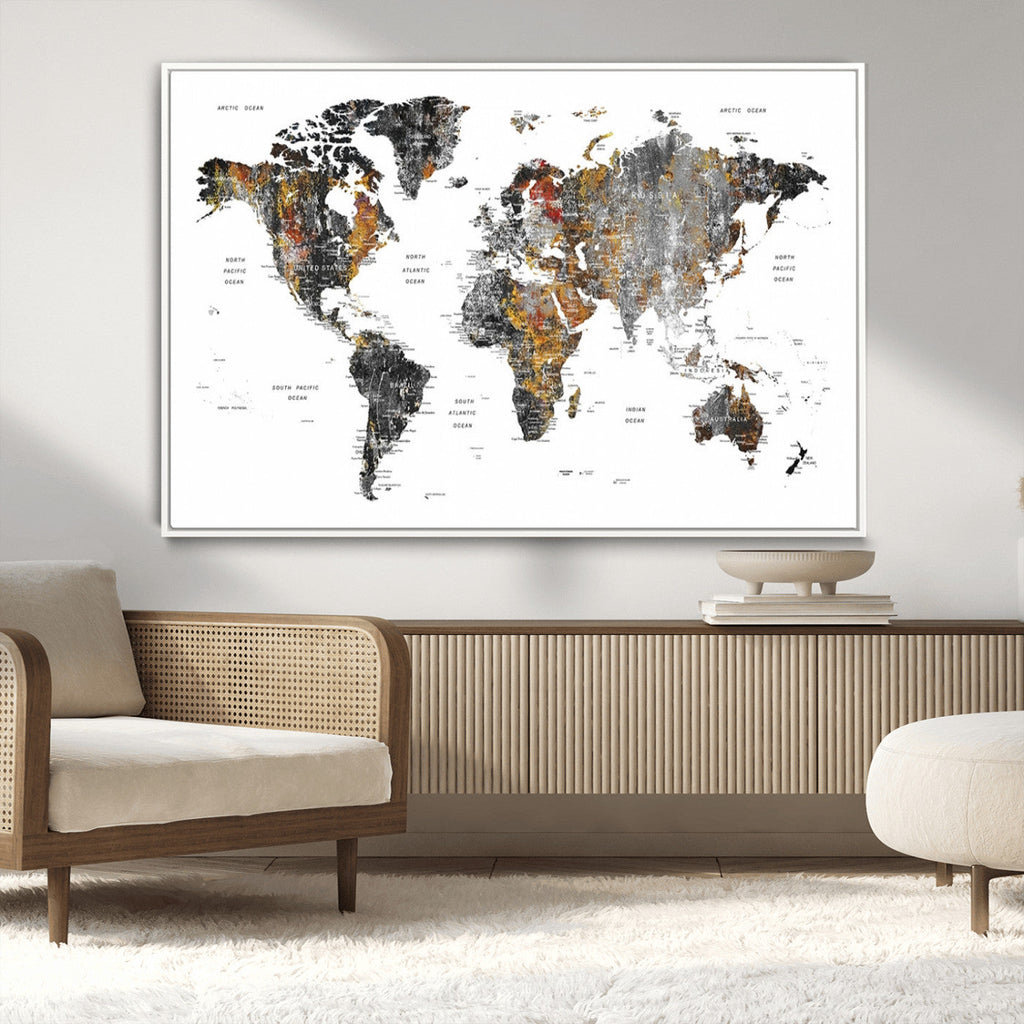 Modern Metallic World Map Canvas Wall Art | Framed Contemporary World Map Print