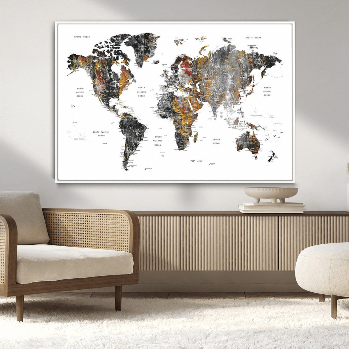 Modern Metallic World Map Canvas Wall Art | Framed Contemporary World Map Print