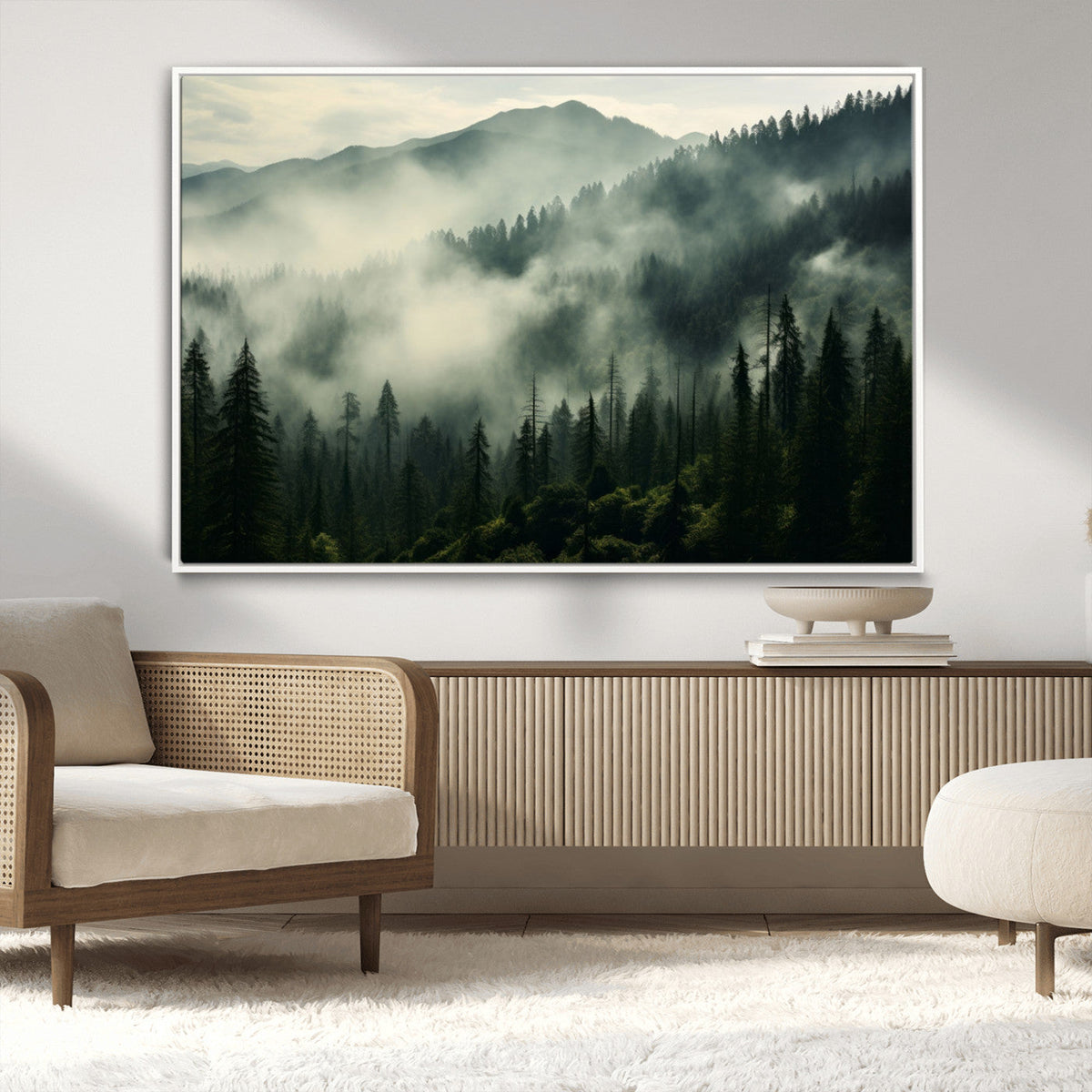 Captivating Misty Forest Wall Art Premium Canvas Print, A Foggy and Serene Atmosphere