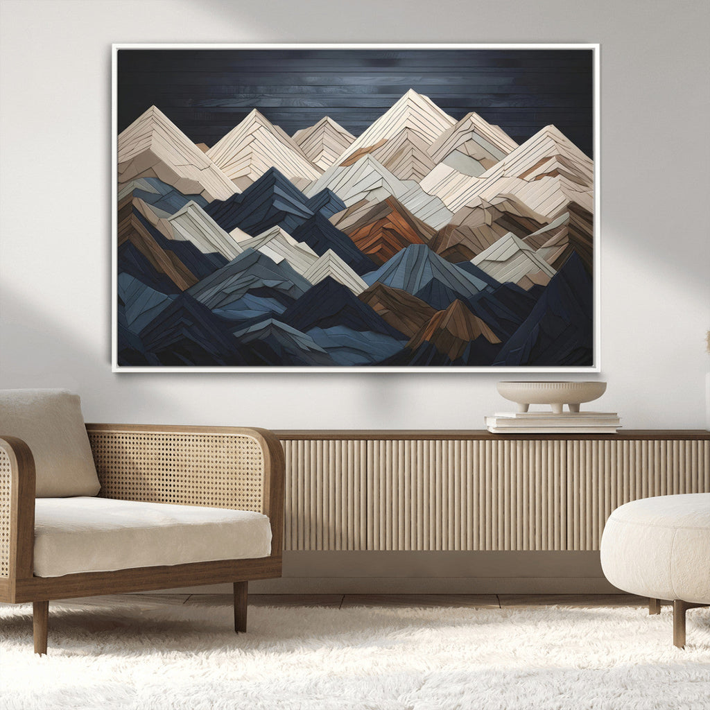 Rustic Mountain Landscape Wall Art Canvas Print, Framed 3D Wooden Effect Mountain Art