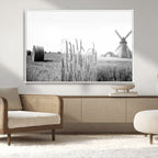 Vintage Farmhouse Black and White Triptych Wall Art, Giclee Canvas with Wheat Fields, Hay Bales and Windmill