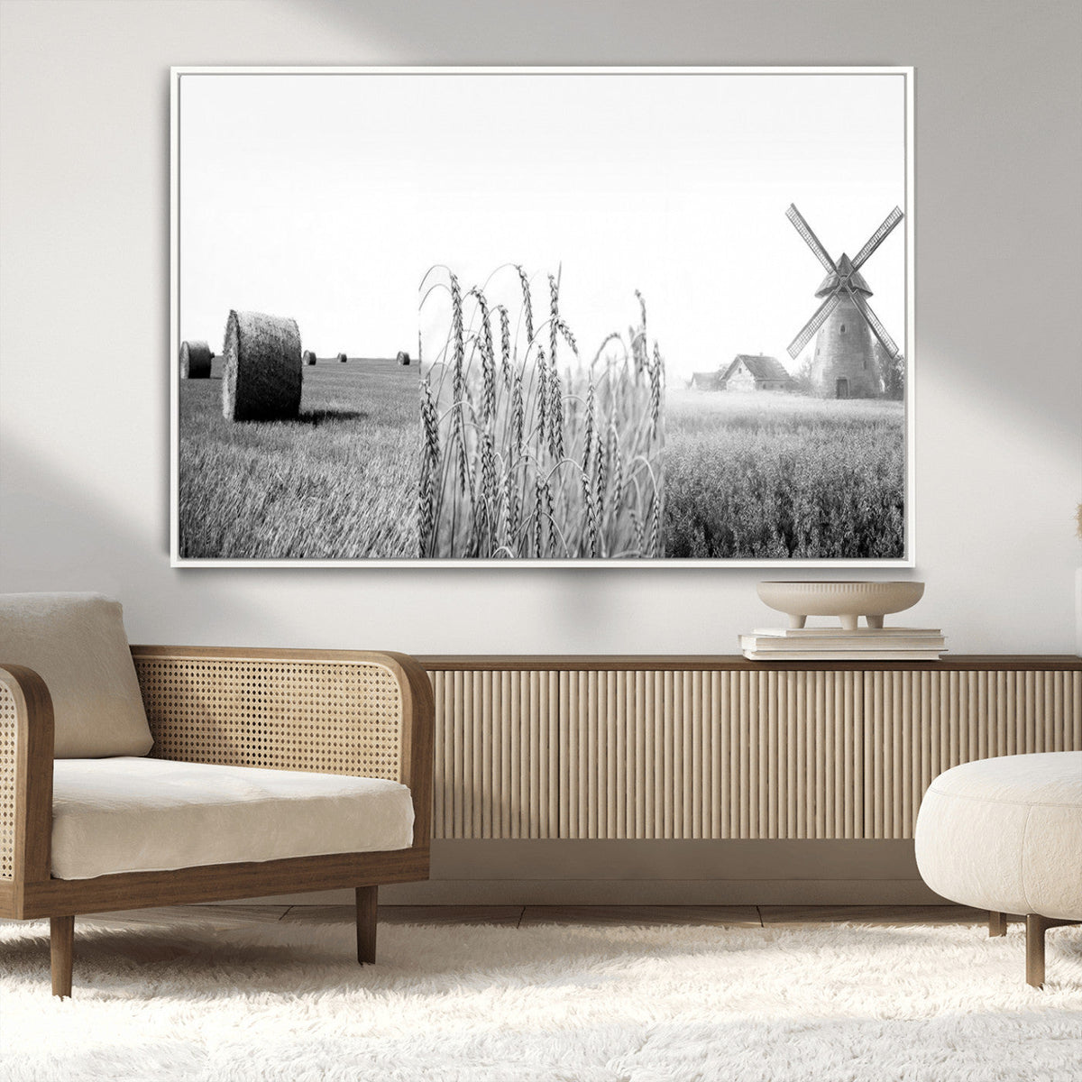 Vintage Farmhouse Black and White Triptych Wall Art, Giclee Canvas with Wheat Fields, Hay Bales and Windmill