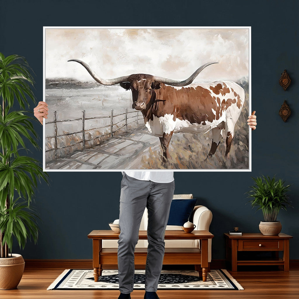 Vintage Texas Cow Wall Art Canvas Print, Rustic Longhorn