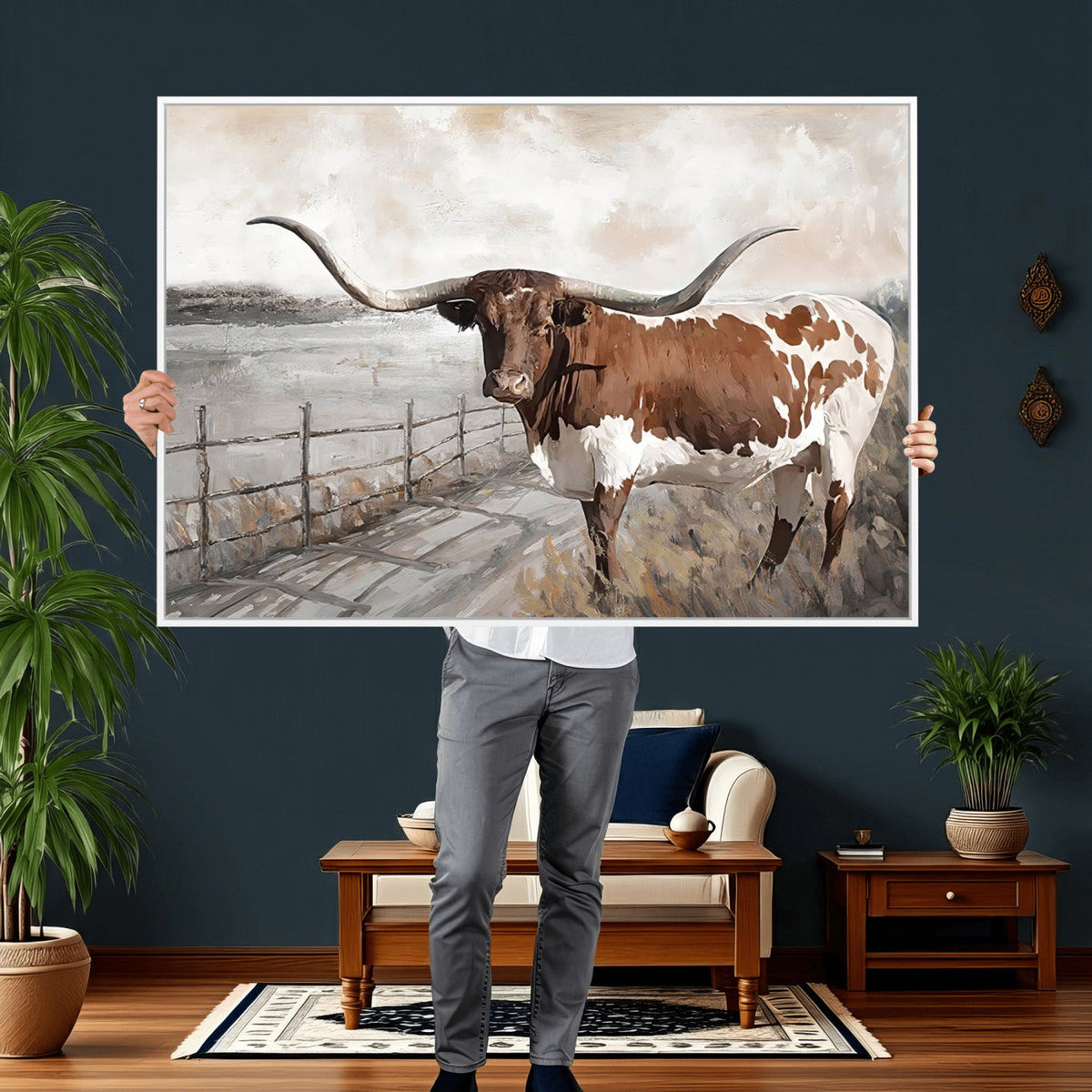 Vintage Texas Cow Wall Art Canvas Print, Rustic Longhorn