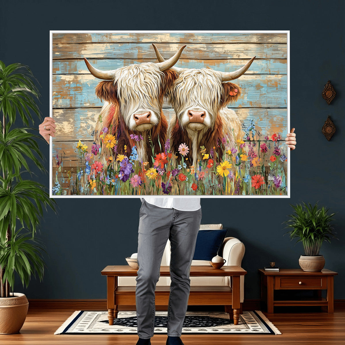 Cute Highland Cow Canvas Wall Art - Rustic Farmhouse Decor