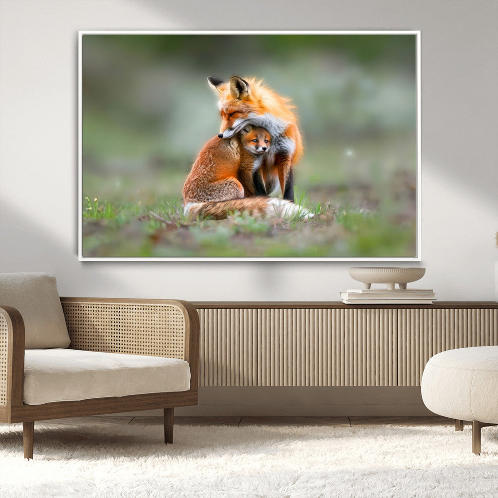 Heartwarming Fox and Baby Cub Wall Art | Canvas Print of Foxes in Nature