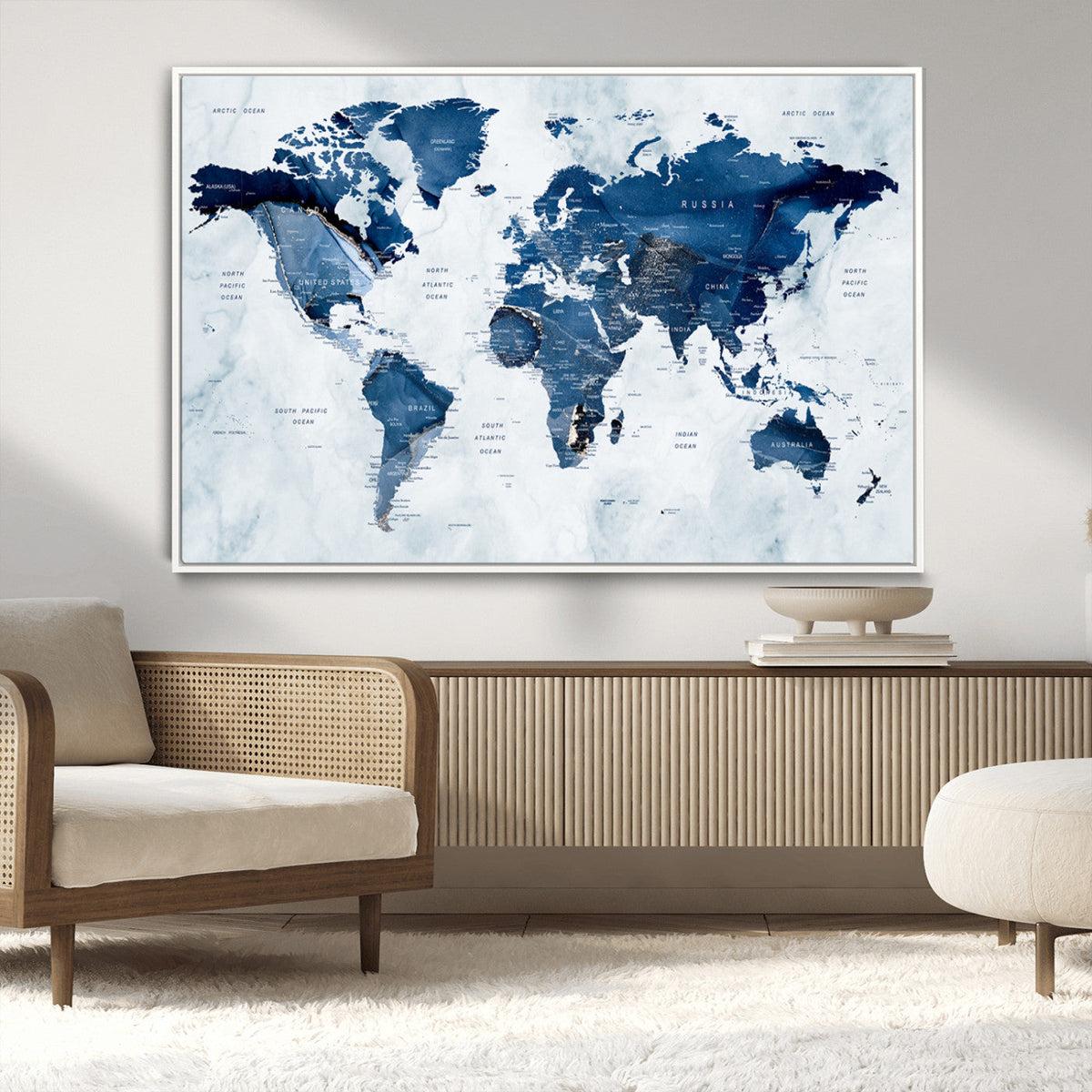 Modern Blue World Map Canvas Print | Elegant Travel Map Wall Art for Home Office