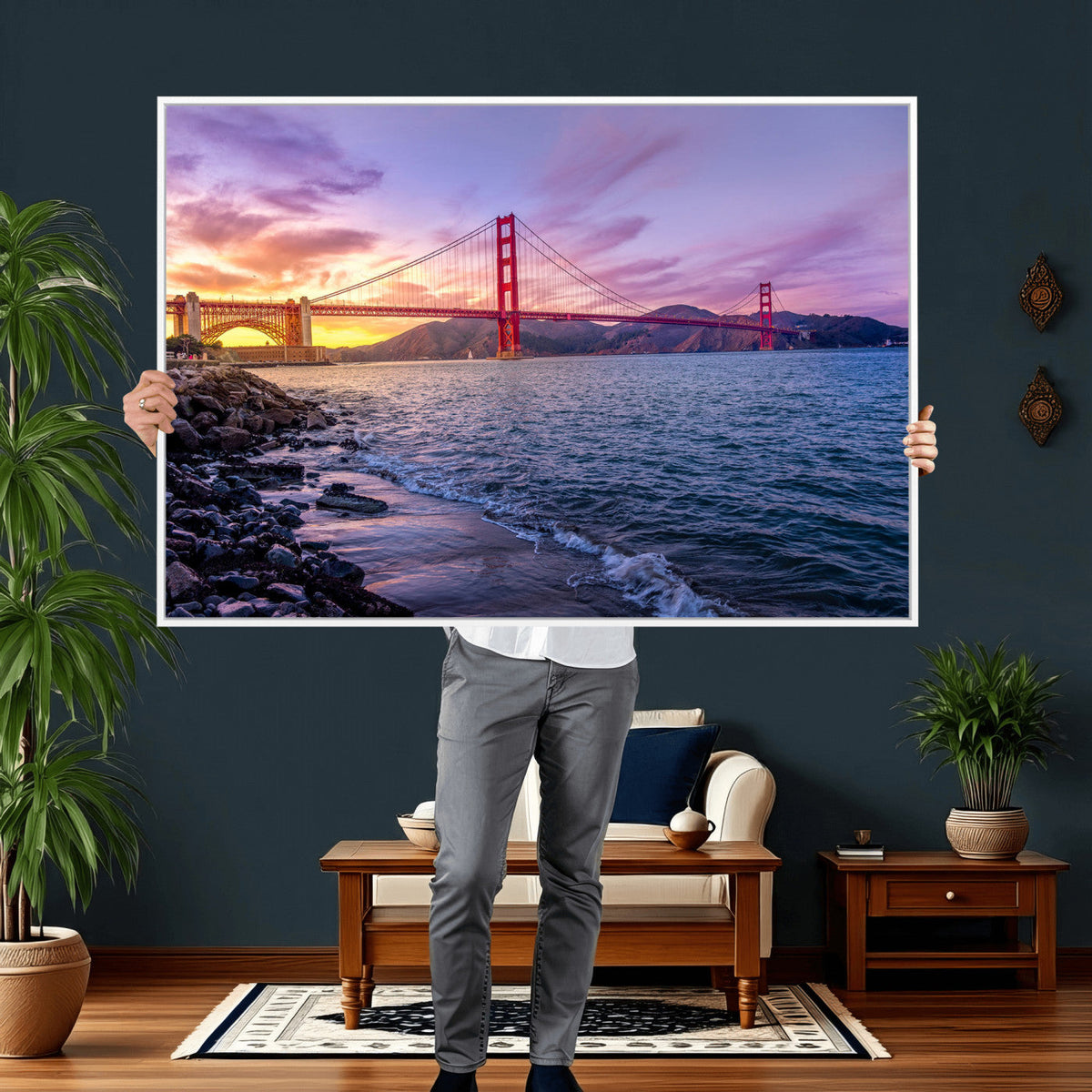 Golden Gate Bridge Wall Art Canvas Print, Framed San Francisco Sunset Landmark
