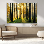 Sunlit Forest Wall Art Canvas Print, Large Framed Woodland Scene with Golden Light
