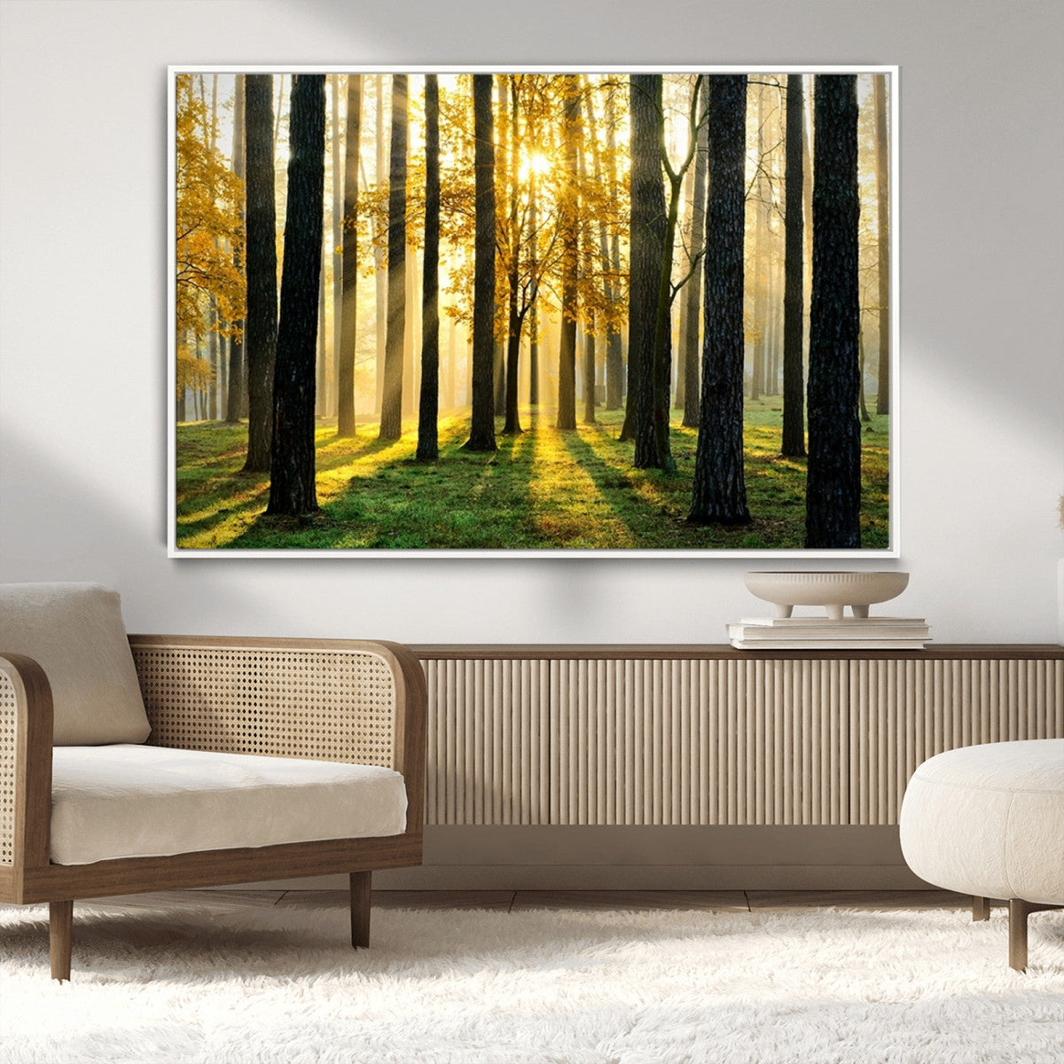 Sunlit Forest Wall Art Canvas Print, Large Framed Woodland Scene with Golden Light