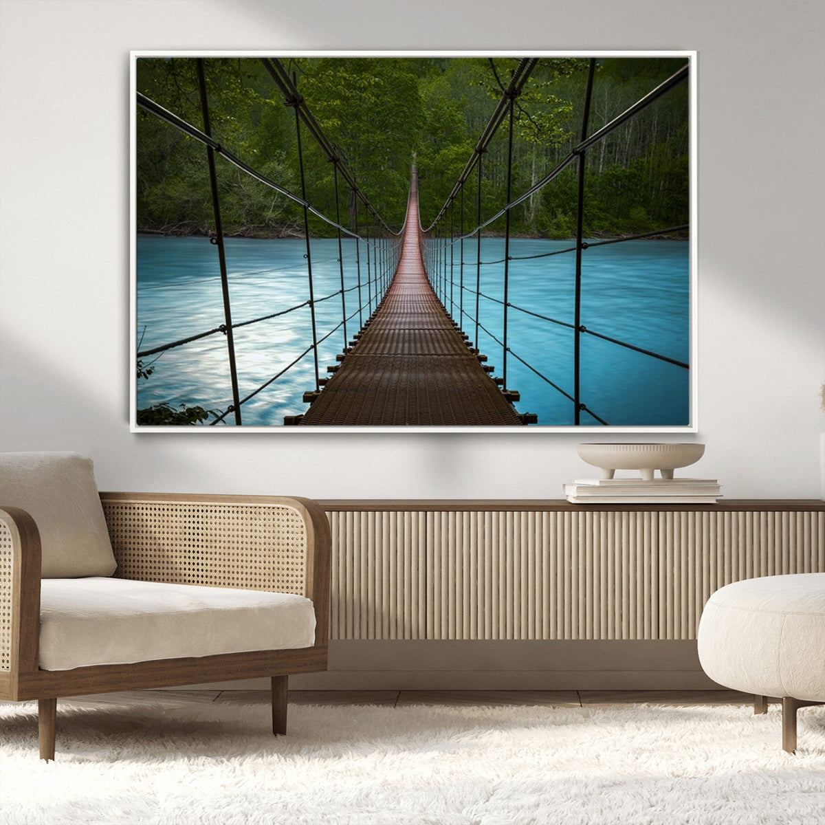 Suspension Bridge Over River Canvas Art | 3-Panel Nature Wall Art