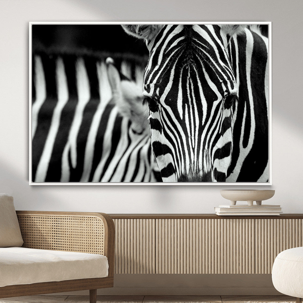 Zebra Wall Art | Zebra Close Up Canvas Print | Framed Black and White Wildlife