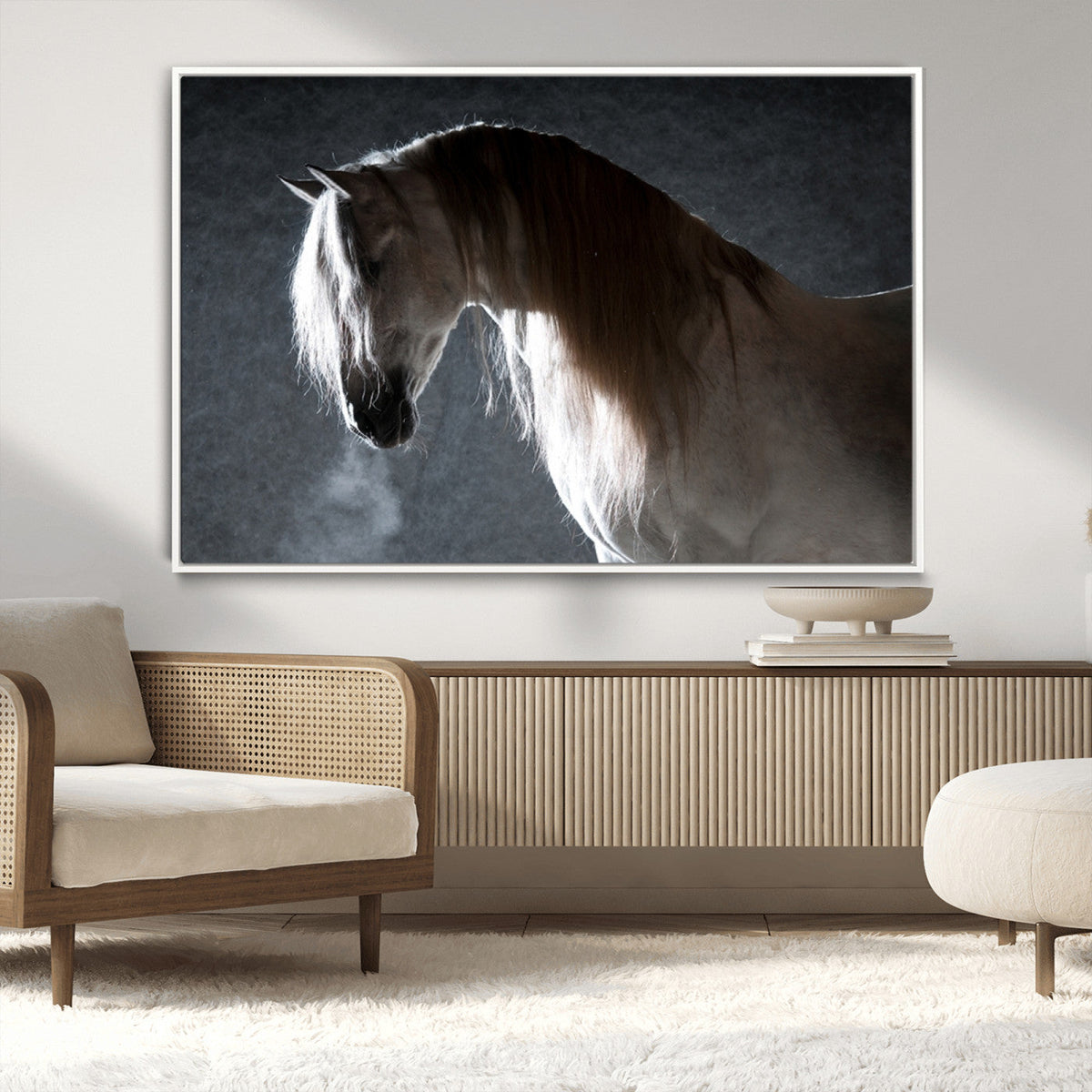 Large Wall Art Cream Colored Horse on Grey Background Canvas