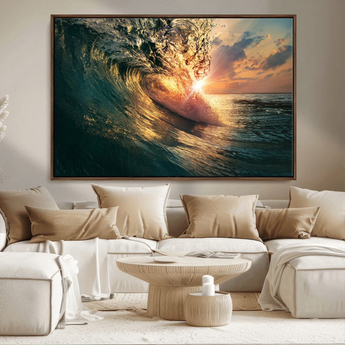 Ocean Wave Sunset Canvas Wall Art | Triptych Seascape Print