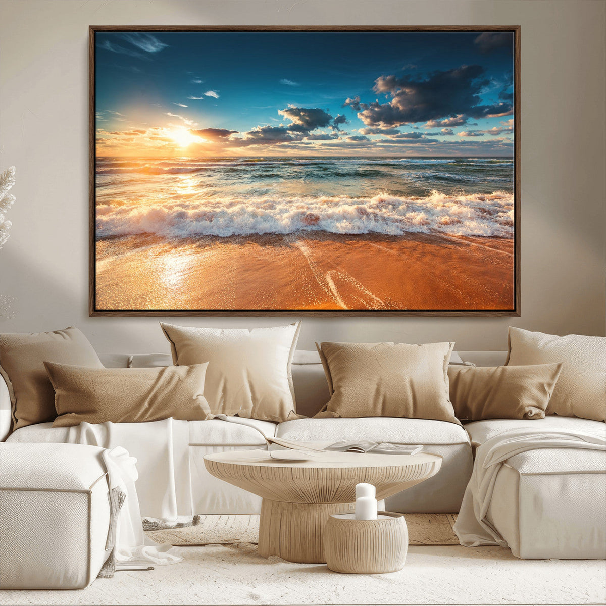 Golden Sunset Beach Triptych Canvas Art, Giclee Coastal Wall Decor, Ocean Waves Print