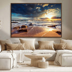 Golden Hour Beach Sunset Canvas Triptych, Ocean Waves and Rocks Wall Art