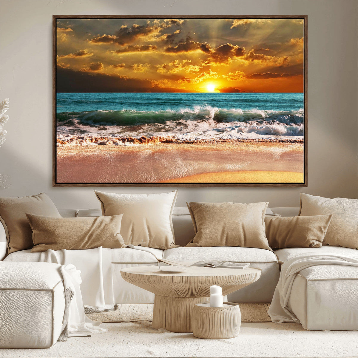 Golden Sunset Beach Canvas Wall Art | Triptych Seascape Print, Framed and Ready to Hang