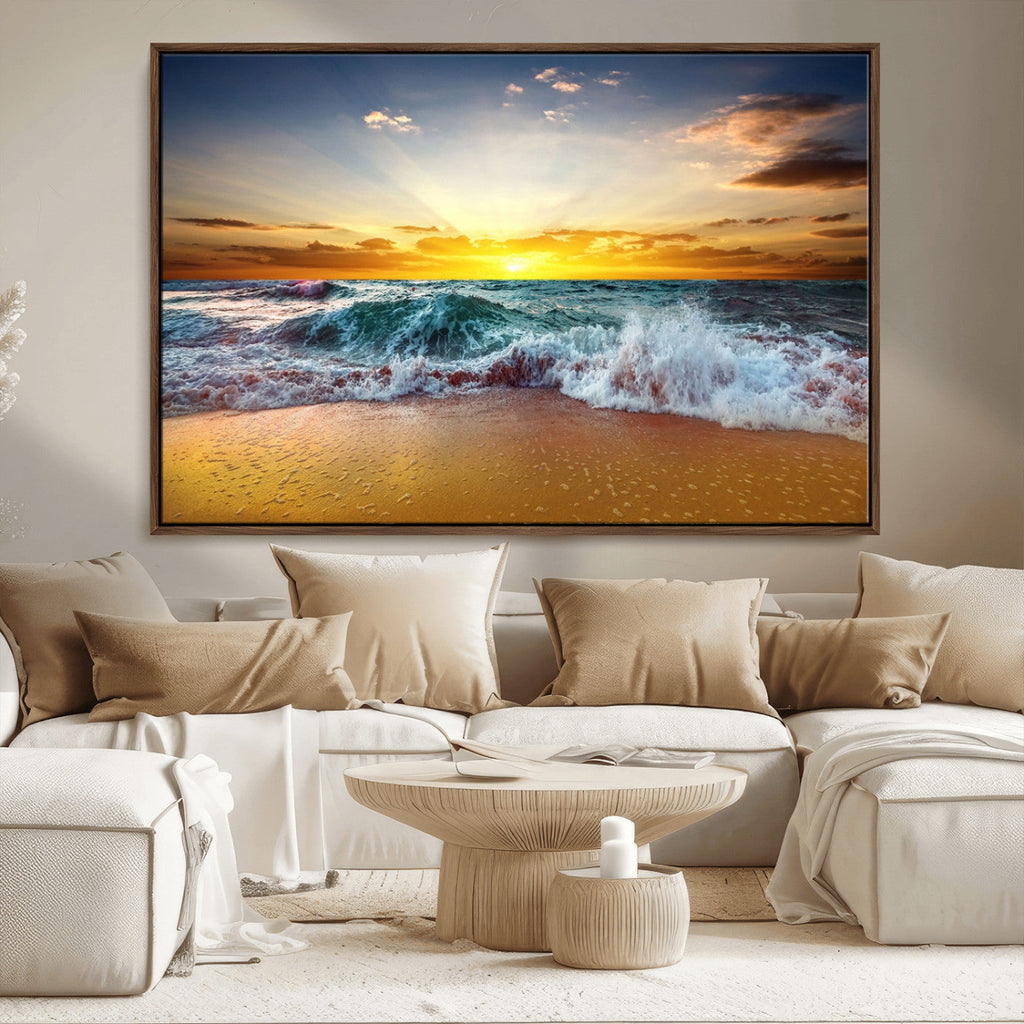 Golden Sunset Ocean Waves Wall Art Canvas Print | Multi Panel Beach Canvas Set, Coastal Triptych