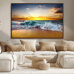 Golden Sunset Ocean Waves Wall Art Canvas Print | Multi Panel Beach Canvas Set, Coastal Triptych
