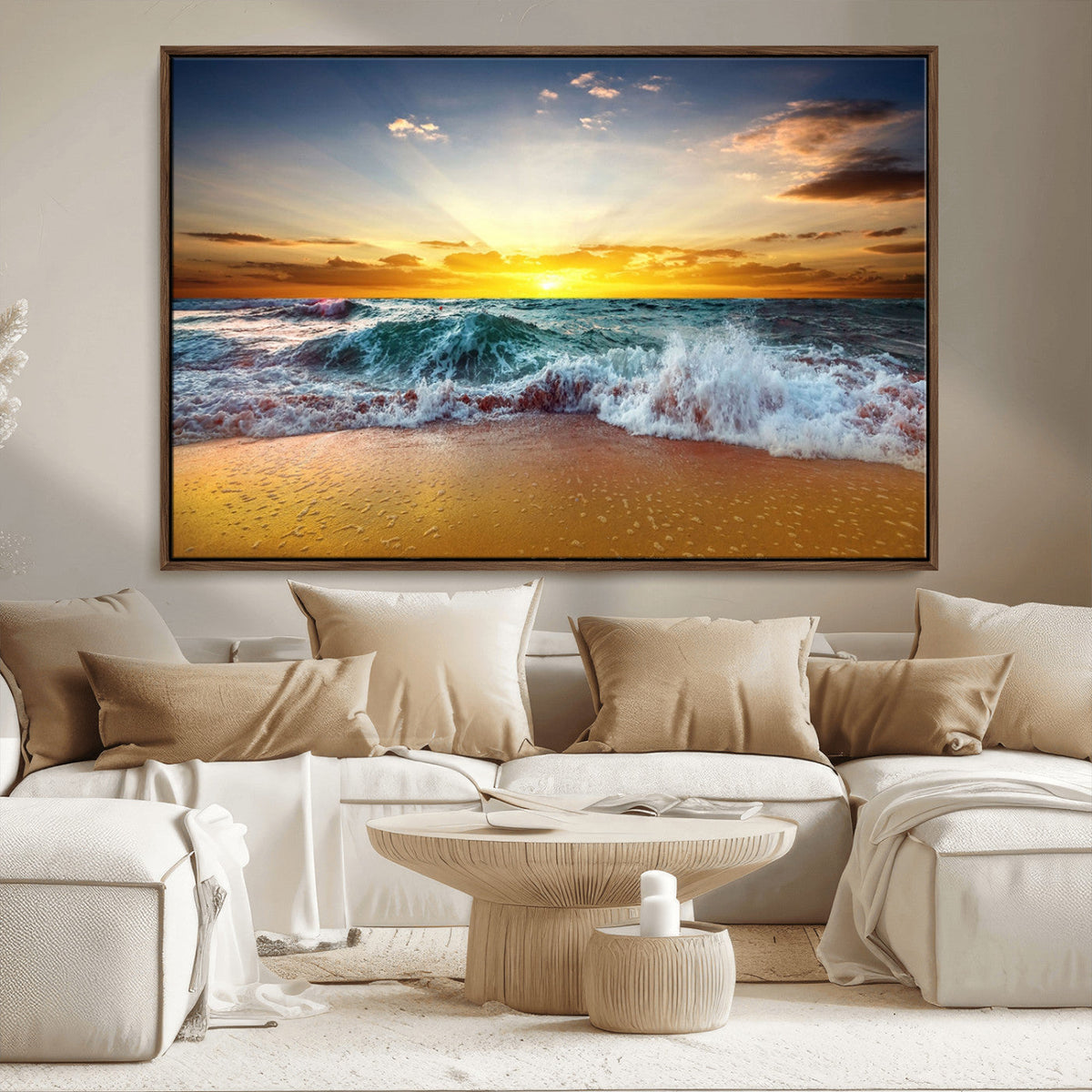 Golden Sunset Ocean Waves Wall Art Canvas Print | Multi Panel Beach Canvas Set, Coastal Triptych
