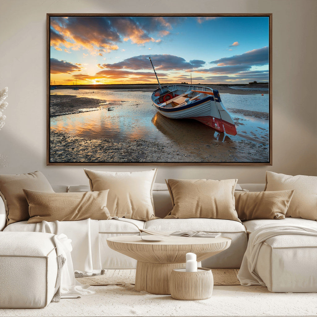 Small Boat At The Beach Sunset Wall Art, Boat Sunset Wall Art Canvas Print