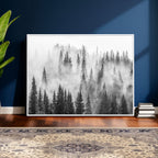 Forest Wall Art Print | Foggy Pine Forest Canvas Wall Art, Black and White Nature Decor