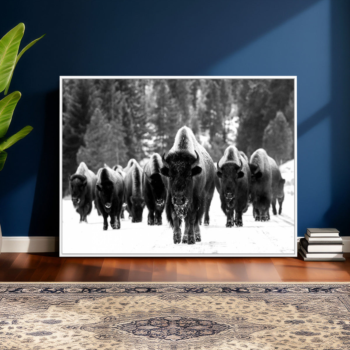 Bison Herd in Snow Wall Art Canvas Print | Rustic Western Bison Wall Art for Living Room and Farmhouse Decor