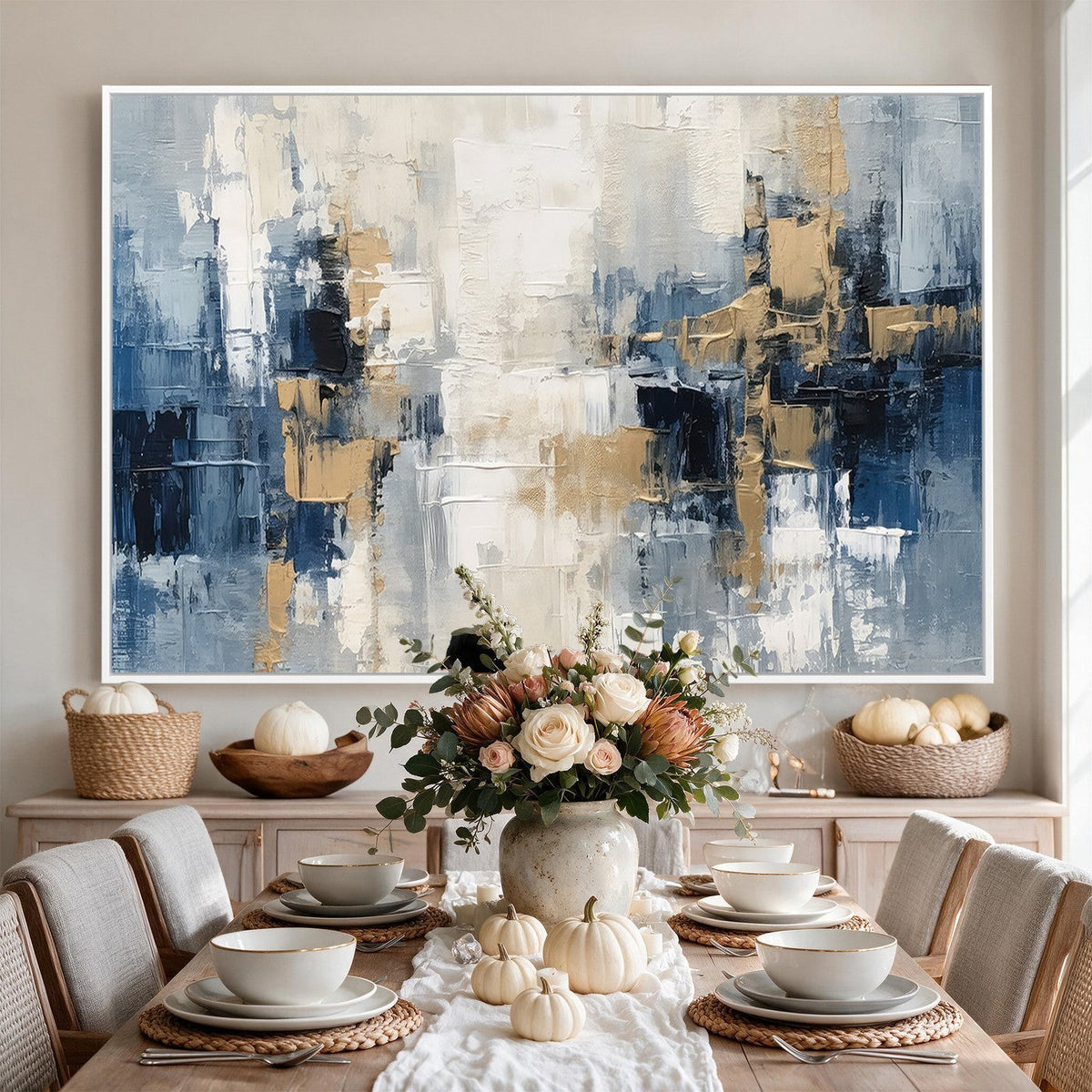 Modern Abstract Canvas Wall Art in Blue and Gold Tones | Large Contemporary Art for Living Room