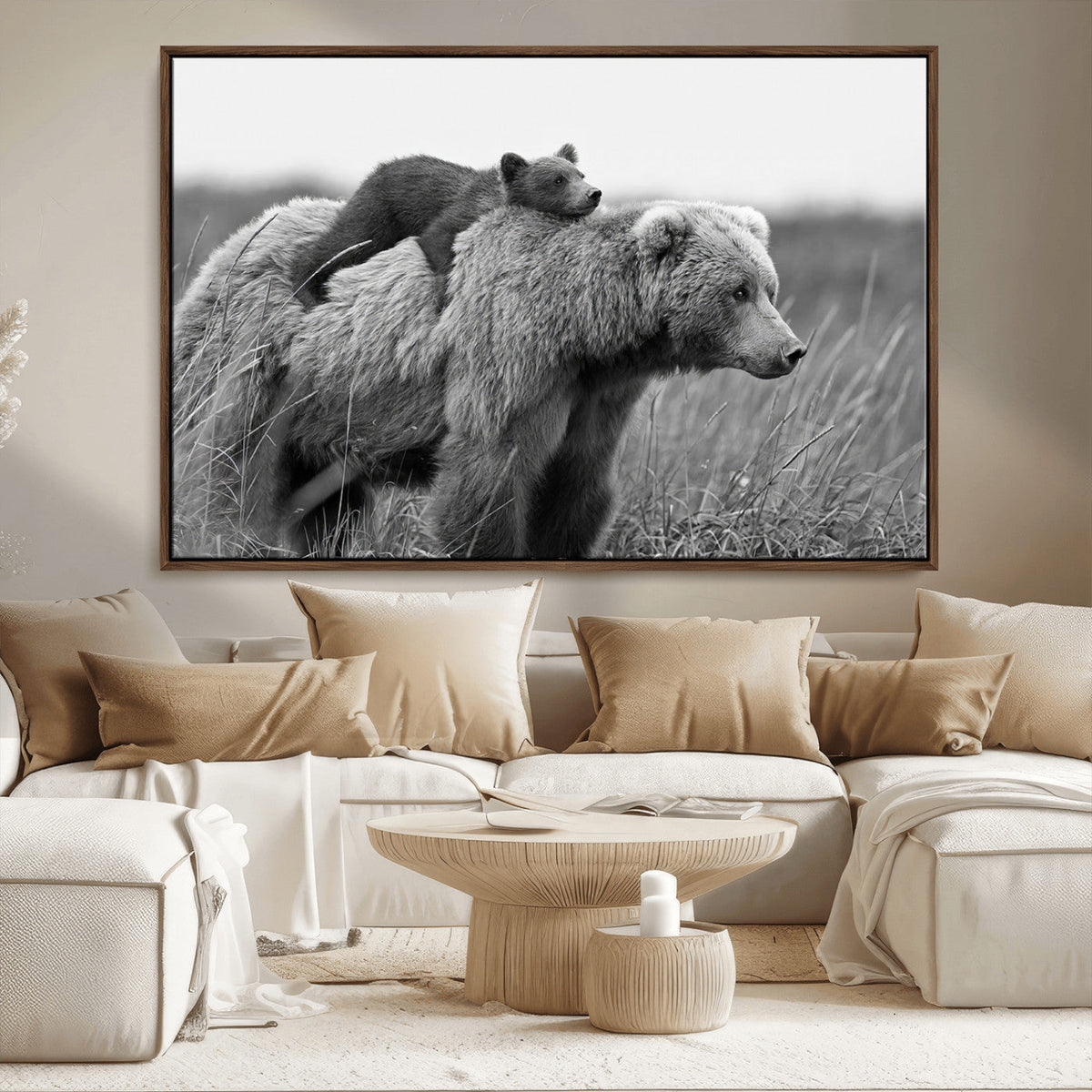 Bear and Cub Wall Art Canvas | Grizzly 399 Bear and Cub Black and White Wildlife Print