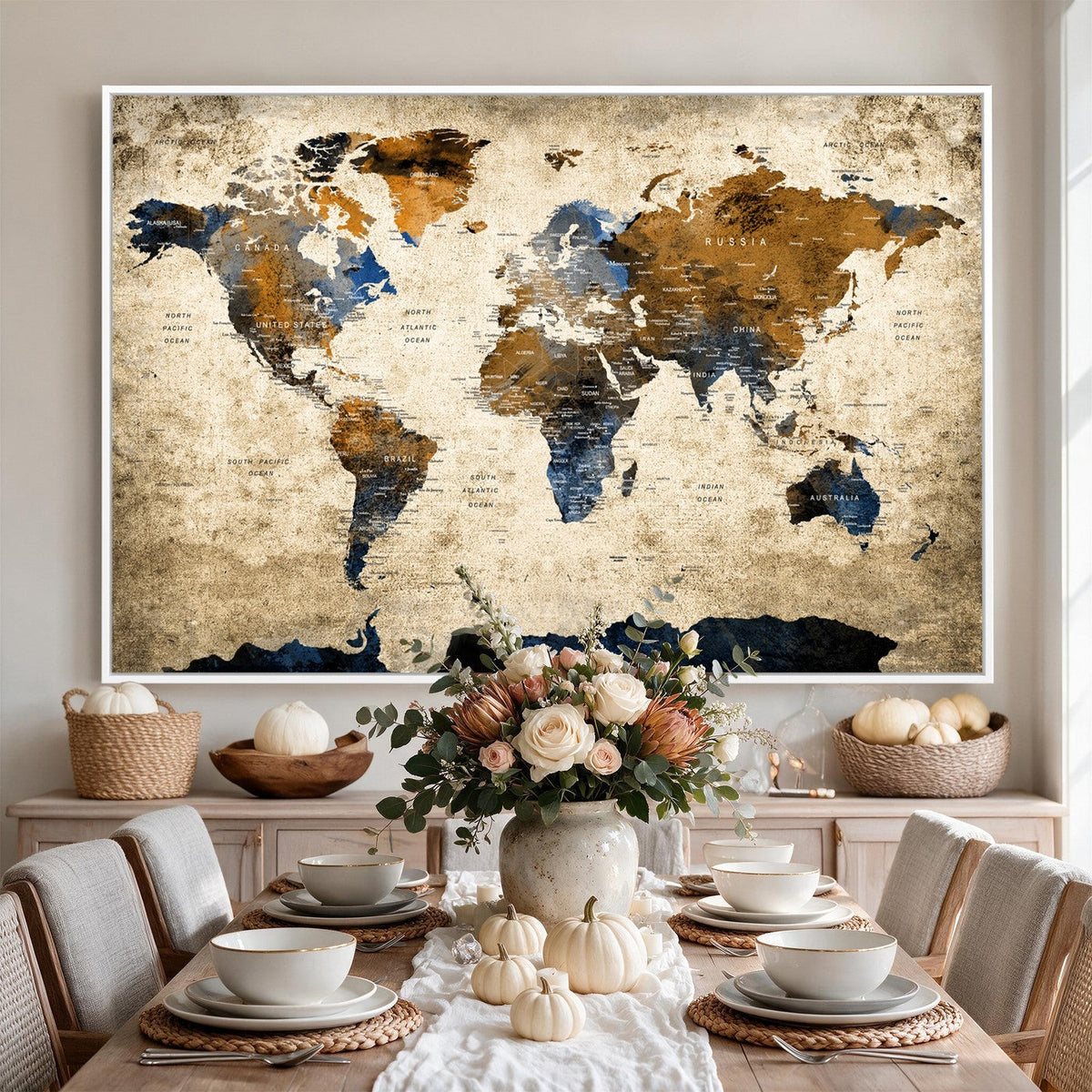 World Map Wall Art | Antique Style Blue and Brown Map Canvas Print
