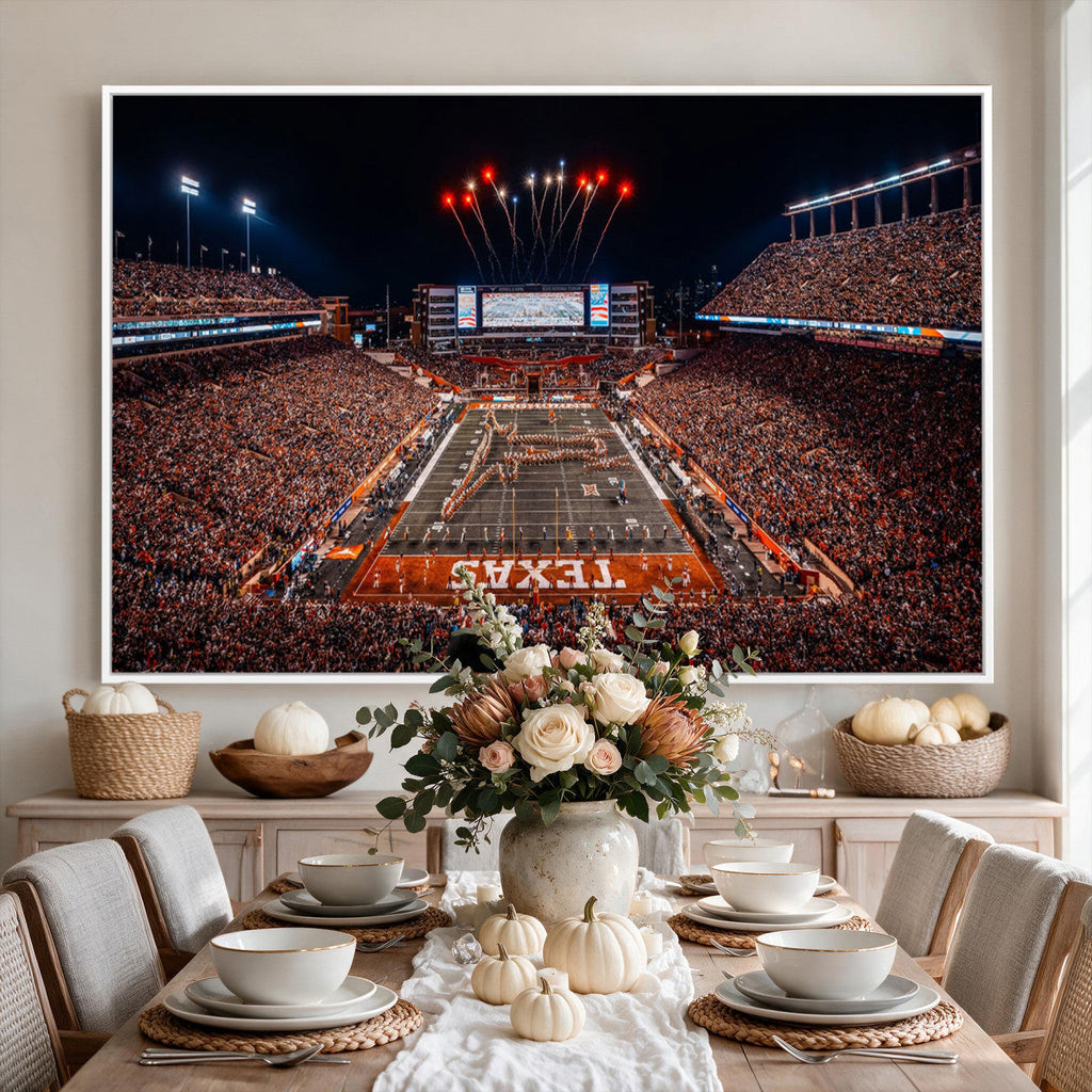 Texas Stadium Night Game Wall Art Canvas Print, Vibrant Football Fireworks Scene