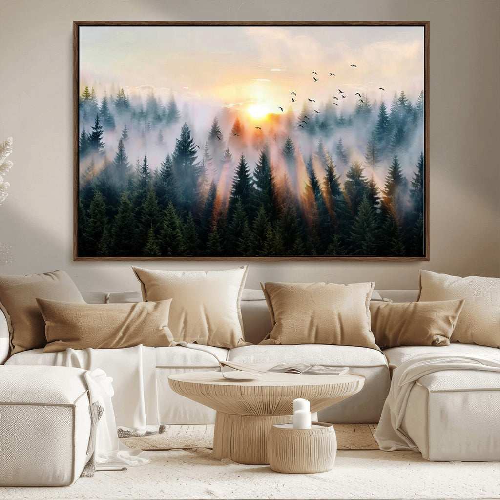 Abstract Forest Wall Art, Serene Nature Canvas Print with Misty Forest Design for Modern Home Decor