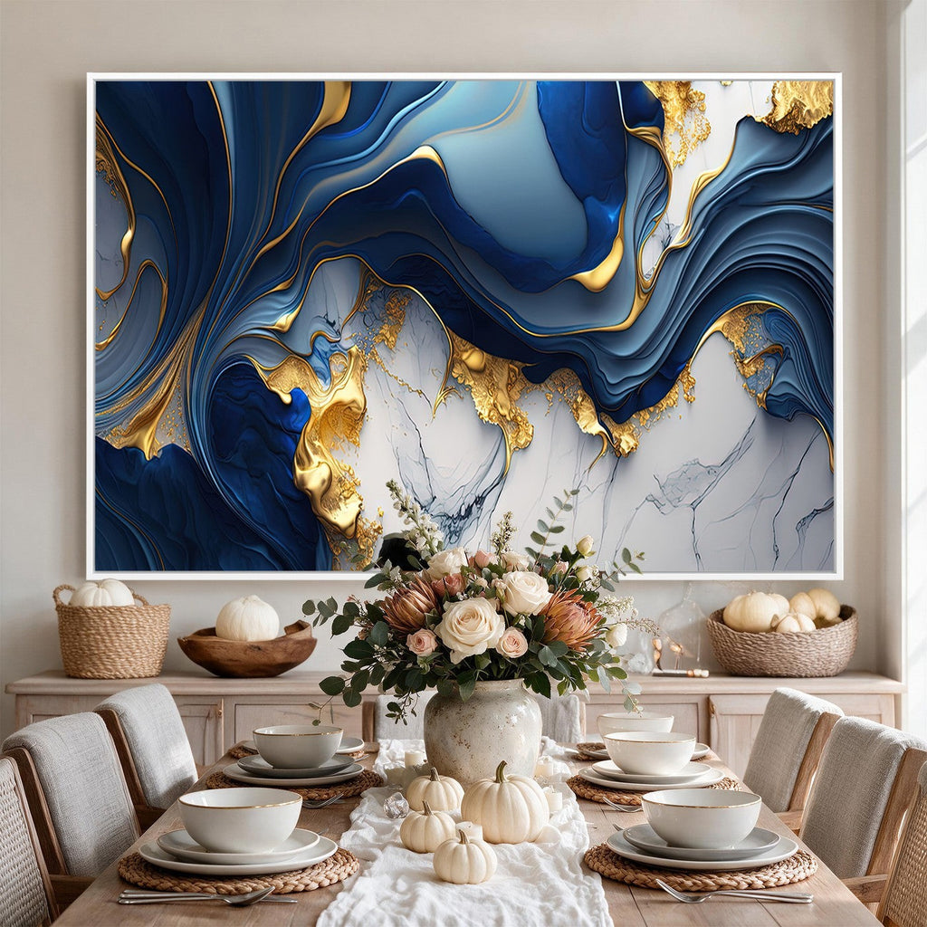 Blue Marble Wall Art Canvas Print | Framed Gold Veins