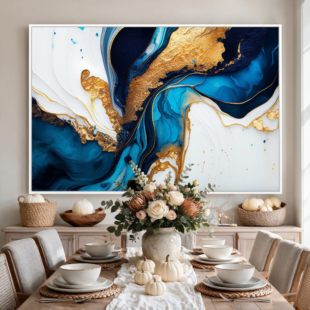Gold Blue Abstract Canvas Print, Elegant Navy and Gold Marble Flow