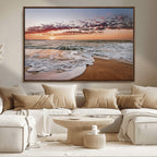 Ocean Sunset Wall Art Canvas Print | Sandy Shore and Gentle Waves