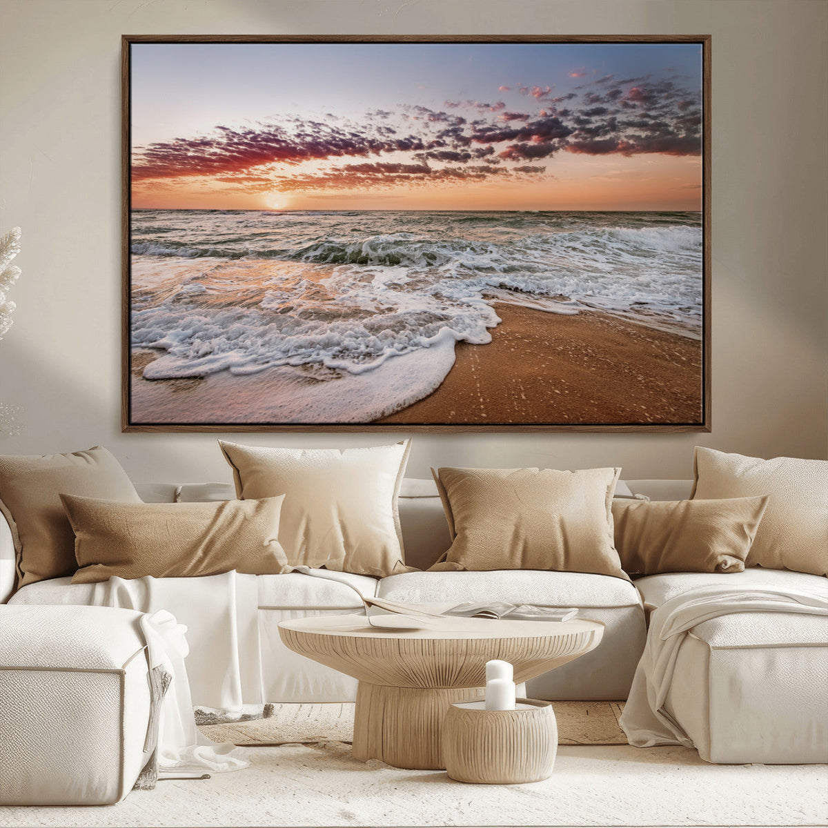 Ocean Sunset Wall Art Canvas Print | Sandy Shore and Gentle Waves