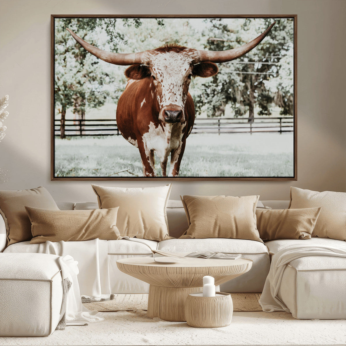 Texas Longhorn Wall Art Canvas Print | Framed Spotted Brown and White Bull