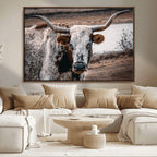 Texas Longhorn Wall Art Canvas Print | Framed Brown and White Spotted Longhorn