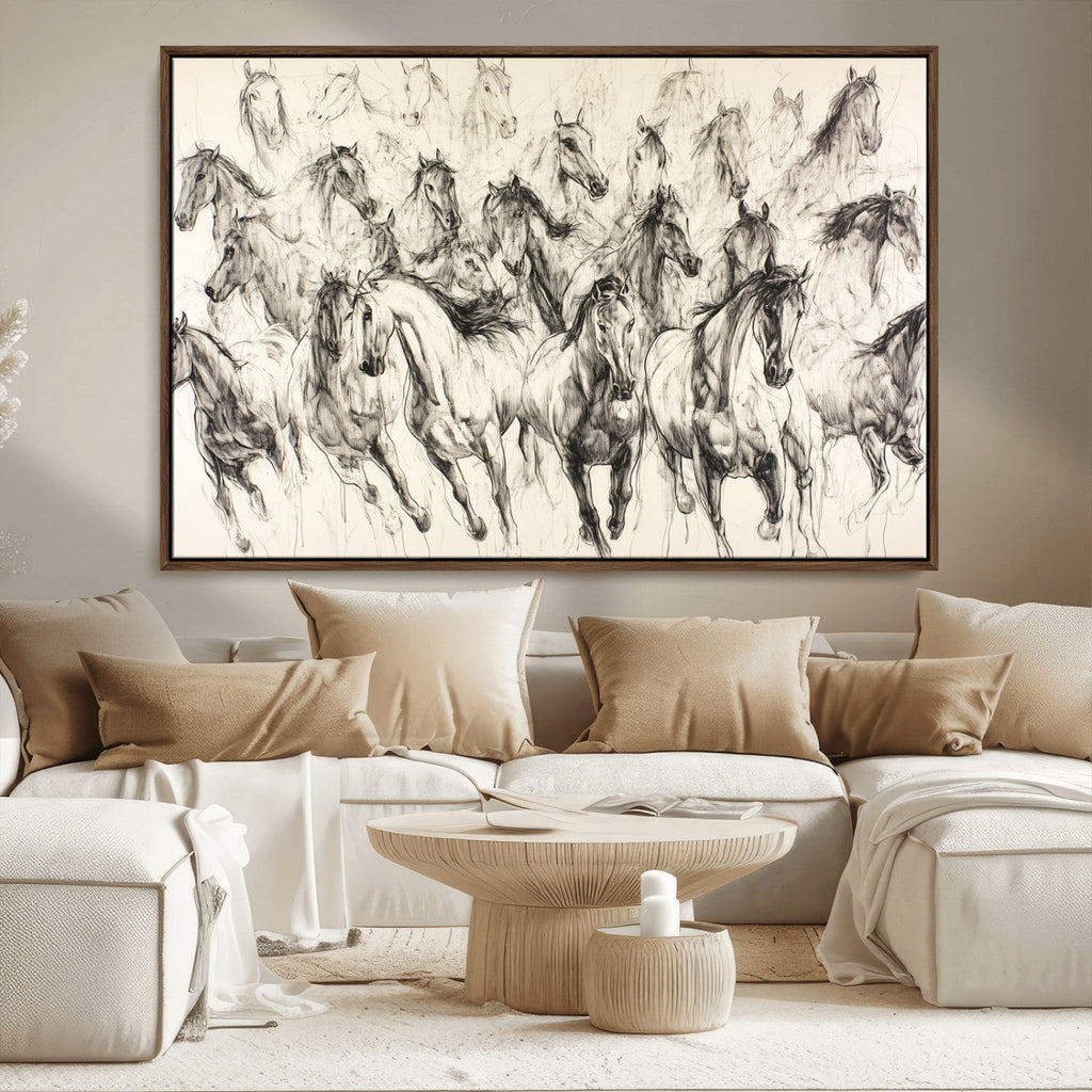 Abstract Horse Wall Art Canvas Print, Framed Horse Sketch with Galloping Herd