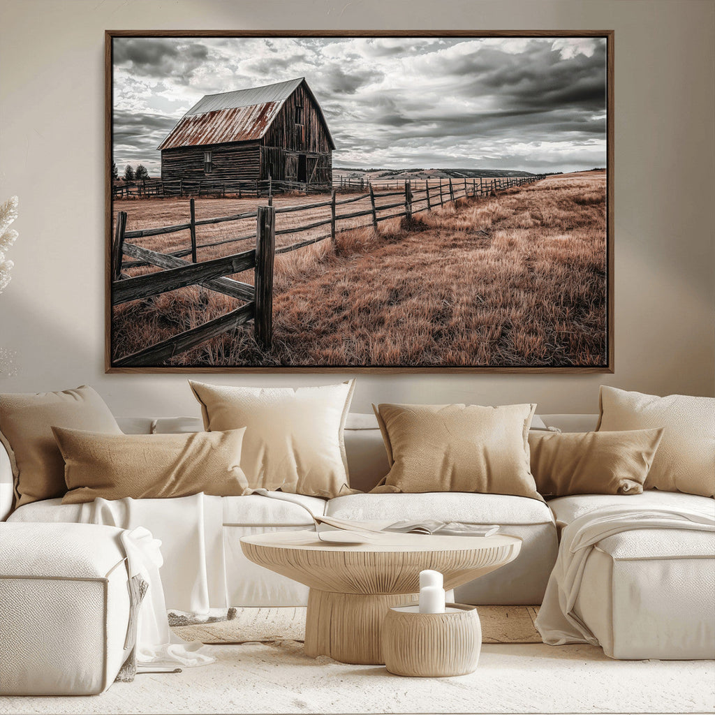 Rustic Barn Wall Art Canvas Print, Framed Moody Field Scene