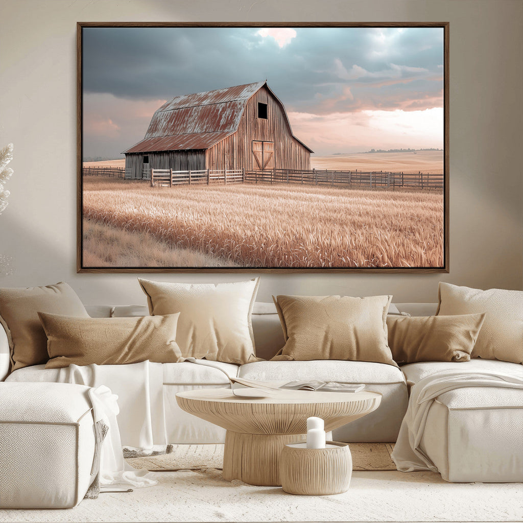 Rustic Barn Wall Art Canvas Print, Framed Wheat Field Scene