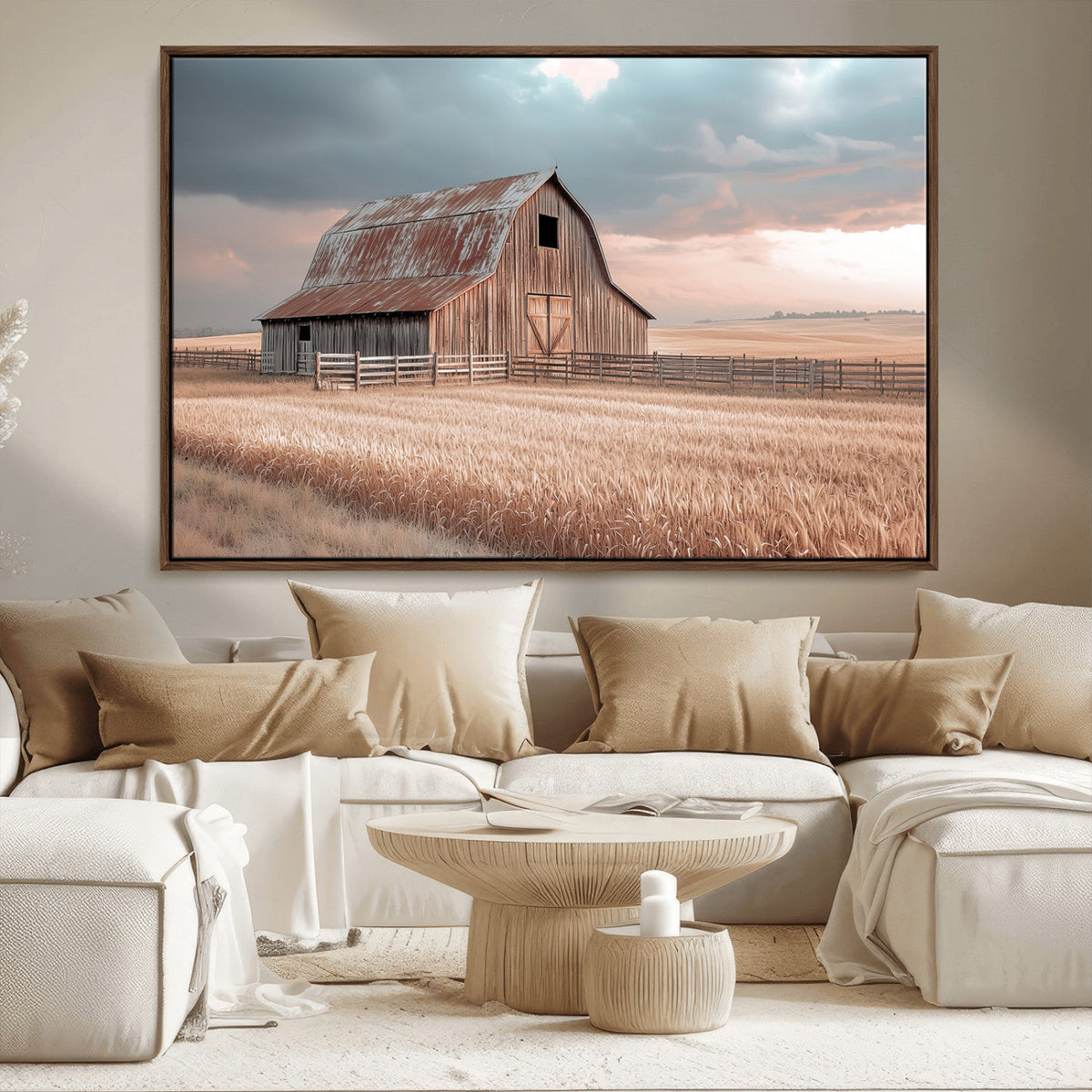 Rustic Barn Wall Art Canvas Print, Framed Wheat Field Scene