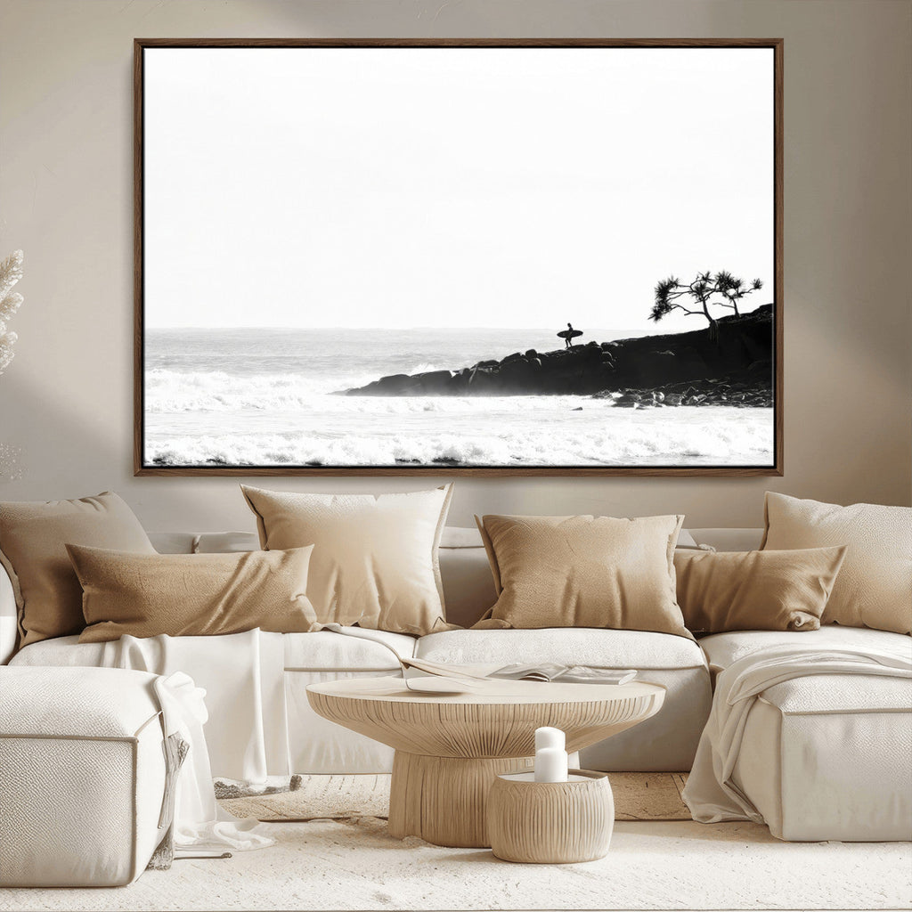 Surfer Cliffs Wall Art Canvas Print, Framed Black White Beach and Ocean Waves