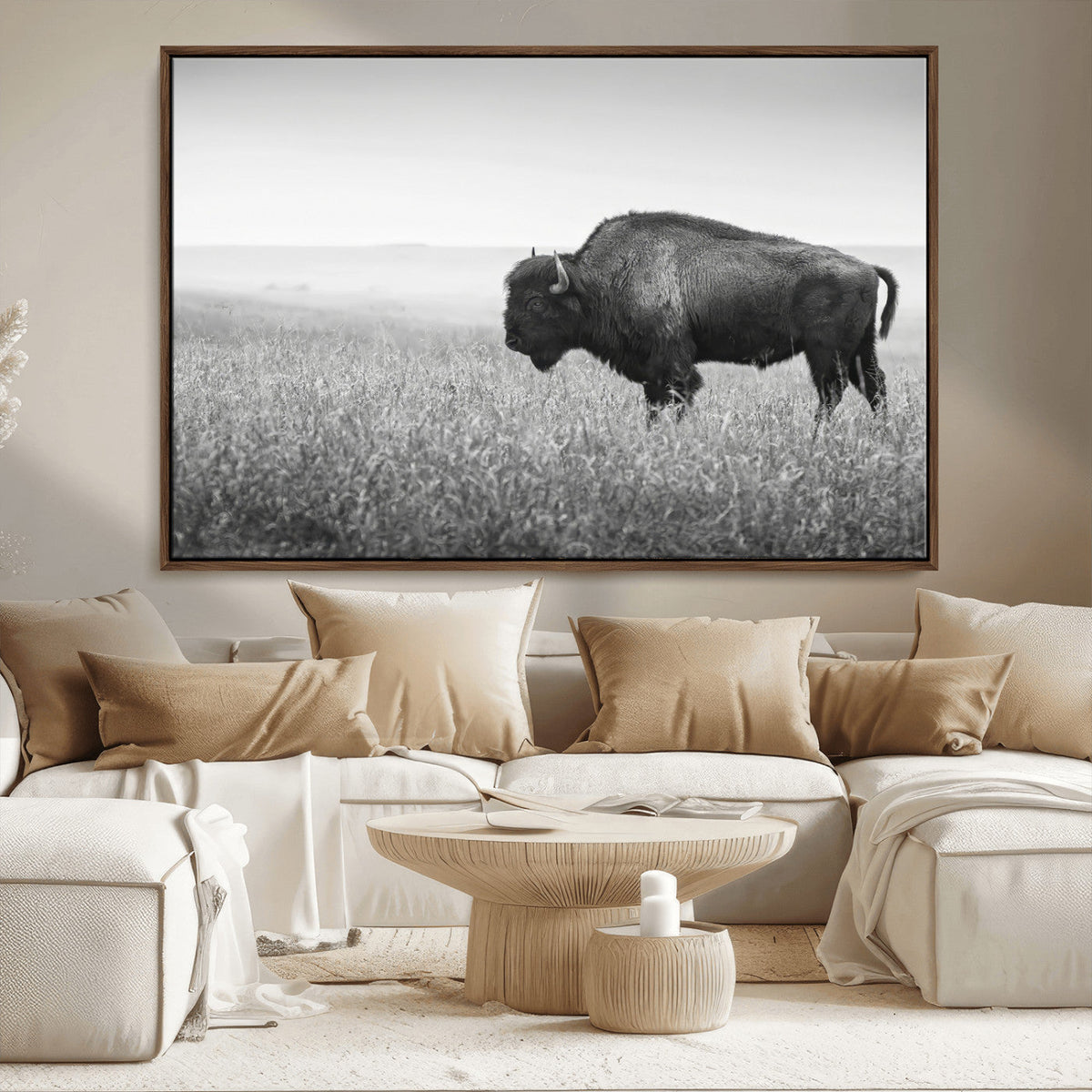 Bison Wall Art Canvas Print, Framed Rustic Wildlife Scene with Wild Buffalo